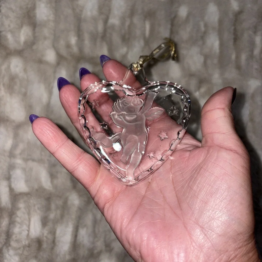 2 Mikasa Crystal Glass Heart Shaped Ornaments Cardinal Angel Cherub Gold Hangers